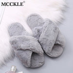 Women House Slippers Warm Faux Fur Soft Plush Furry Female Open Toe Slides
