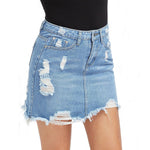 Women Blue Ripped Casual Mini Denim Skirt
