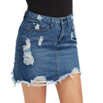 Women Blue Ripped Casual Mini Denim Skirt