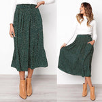 White Dots Floral Print Pleated Midi Skirt Women Elastic High Waist