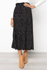 White Dots Floral Print Pleated Midi Skirt Women Elastic High Waist