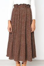 White Dots Floral Print Pleated Midi Skirt Women Elastic High Waist