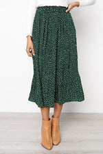 White Dots Floral Print Pleated Midi Skirt Women Elastic High Waist