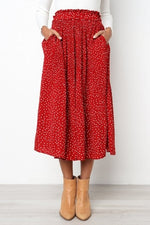 White Dots Floral Print Pleated Midi Skirt Women Elastic High Waist