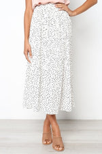 White Dots Floral Print Pleated Midi Skirt Women Elastic High Waist