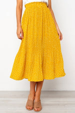 White Dots Floral Print Pleated Midi Skirt Women Elastic High Waist
