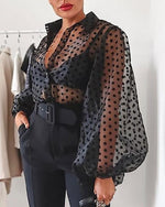 Women Mesh Sheer Blouse See-through Lantern Long Sleeve