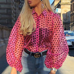 Women Mesh Sheer Blouse See-through Lantern Long Sleeve