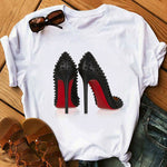 Watercolor high heels shoes print vogue t shirt women