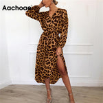 Leopard Dress Women Vintage Beach Dress Loose Long Sleeve Deep V-neck A-line Party Dress