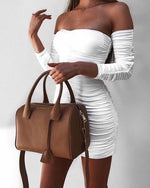 Women Bandage Dress Sexy Off Shoulder Long Sleeve Slim Elastic  Party Dresses