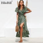 Summer Beach Dress Women Floral Print Long Chiffon Dress Casual V-Neck Split Sexy Party Dress Robe