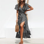 Summer Beach Dress Women Floral Print Long Chiffon Dress Casual V-Neck Split Sexy Party Dress Robe