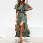 Summer Beach Dress Women Floral Print Long Chiffon Dress Casual V-Neck Split Sexy Party Dress Robe