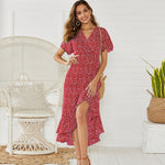 Summer Beach Dress Women Floral Print Long Chiffon Dress Casual V-Neck Split Sexy Party Dress Robe