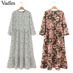 Women maxi dress pleated three quarter sleeve female casual straight dresses